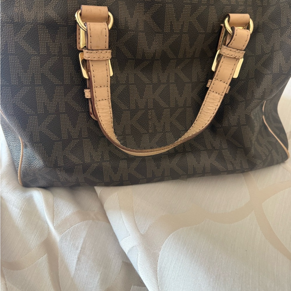 Michael Kors Brown Monogram Satchel with Tan Straps and Gold Hardware - Picture 2 of 5